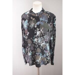 Go by GoSilk Blouse L Black Floral Washable Silk Crinkle Mock Neck Women Top